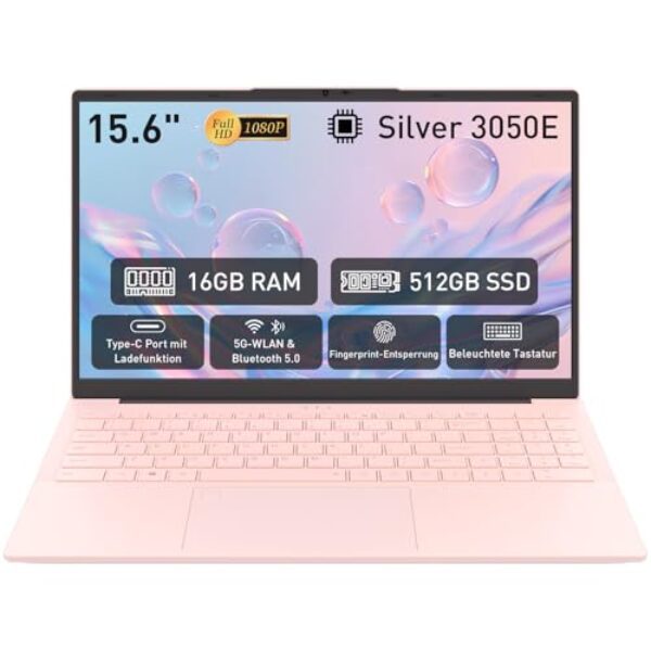 Pryloxen Laptop 15.6 Zoll Rosa, 16GB DDR4 512GB SSD, Dual-Core 3050E (bis zu 2.80 GHz), Notebook Mit Fingerabdrucksensor, Illuminated Keyboard, Doppellautsprecher, HDMI, Laptop für Schüler und Büro