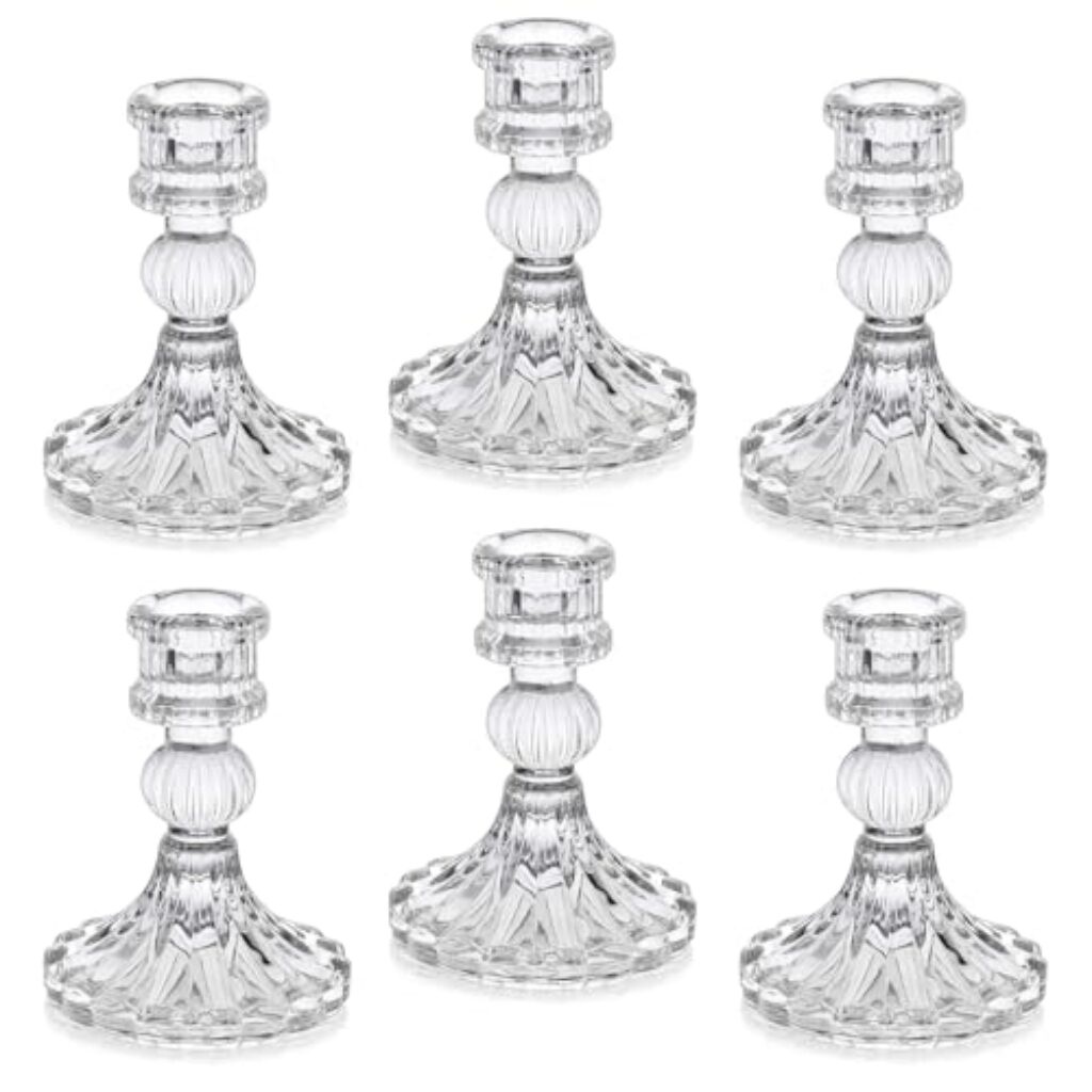 Kerzenhalter Glas, Klare Kerzenhalters für Kerzenständer, 10cm Hohe Gestreifte Kristall-Kerzenhalter, Dekorativer Candle Holder als Tischdekoration für Hochzeiten, Feste, Dinnerpartys, 6 Stück