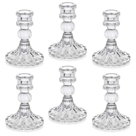 Kerzenhalter Glas, Klare Kerzenhalters für Kerzenständer, 10cm Hohe Gestreifte Kristall-Kerzenhalter, Dekorativer Candle Holder als Tischdekoration für Hochzeiten, Feste, Dinnerpartys, 6 Stück