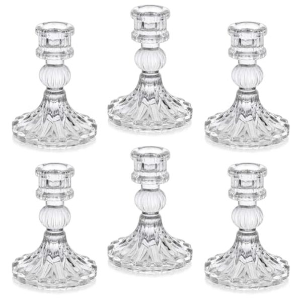 Kerzenhalter Glas, Klare Kerzenhalters für Kerzenständer, 10cm Hohe Gestreifte Kristall-Kerzenhalter, Dekorativer Candle Holder als Tischdekoration für Hochzeiten, Feste, Dinnerpartys, 6 Stück