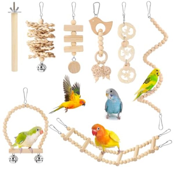 Pethee 8 Stück Vogelspielzeug für Sittiche Wellensittiche, zum Aufhängen, Kauspielzeug für Papageien Vogelschaukel Glocken Schaukelspielzeug aus Holz Vogelkäfig für Conures Liebesvögel Nymphensittiche
