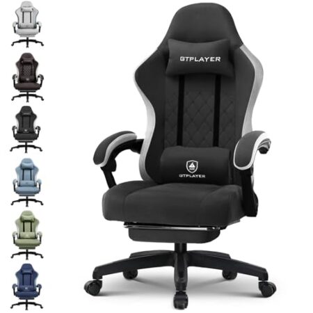 GTPLAYER Gaming Stuhl Ergonomischer Gaming Sessel Schreibtischstuhl mit Stoffoberfläche, Federsitzkissen, Verbindungsarmlehnen und Fußstütze hellschwarz - Produktbild