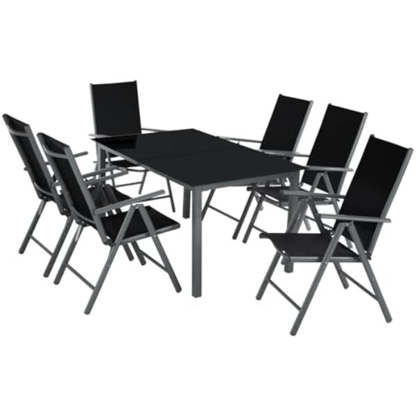 tectake® Sitzgarnitur Aluminium Klappstühle, Lounge Set mit 6X Stühle und 1x Glastisch Esstisch, Gartenmöbel Set wetterfest für den Balkon, Gartenstühle, Terrassenmöbel, Liegestuhl – anthrazit