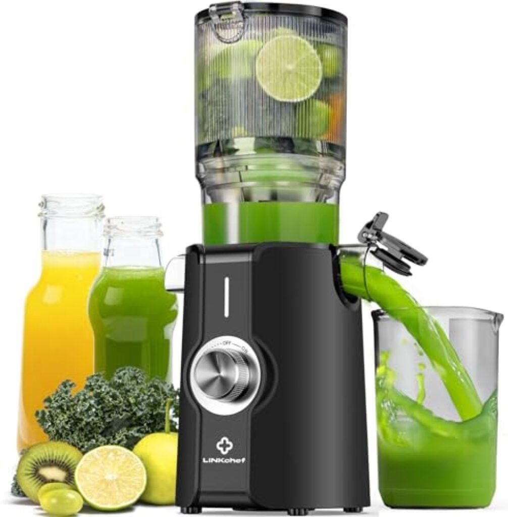 LINKChef Entsafter Slow Juicer, Entsafter Gemüse und Obst Testsieger mit 115 mm großem, Entsafter Kaltentsafter für ganze Früchte/Gemüse, Blitzreiniger, Einfacher Installation, BPA Frei, 200w Schwarz