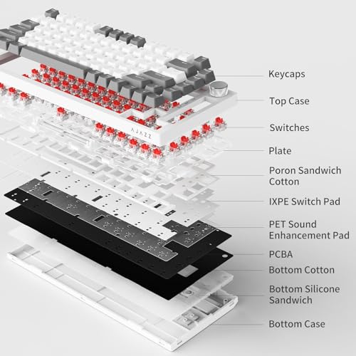 AJAZZ AK820 Mechanical Keyboard, 75% Hot Swappable Wired Keyboard with Volume Control Knob, PBT Keycaps, Five-Layer Sound Insulation Pad, 82-Key Gaming Keyboard, Grey White – Bild 6