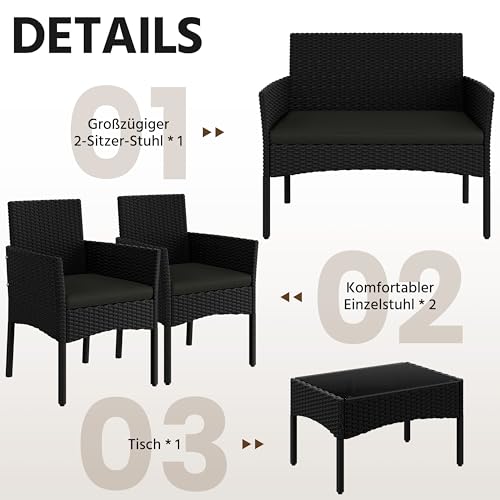 Yaheetech 4-er Gartenmöbel Set Balkonmöbel Set aus Polyrattan Terassenmöbel Außen mit 2er Sofa, 2 Stühle, Tisch & Sitzkissen für Terrasse/Balkon/Garten, Schwarz & Grau – Bild 5