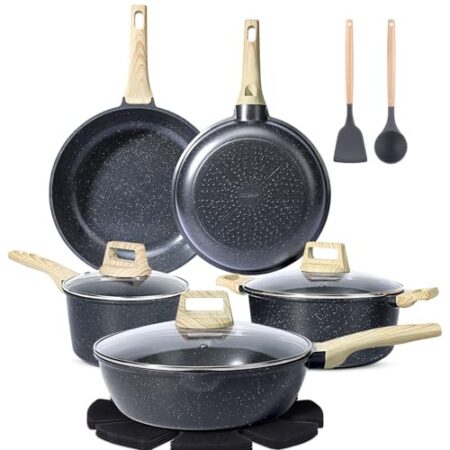 GiPP Topfset 14-Teiliges, Granit Topf und Pfannenset mit Antihaftbeschichtung, 20+24+28cm Pfannen, 16+24cm Kochtopfset, Topfset Induktion Cookware Set mit Spatel+Löffel, für alle Herdarten