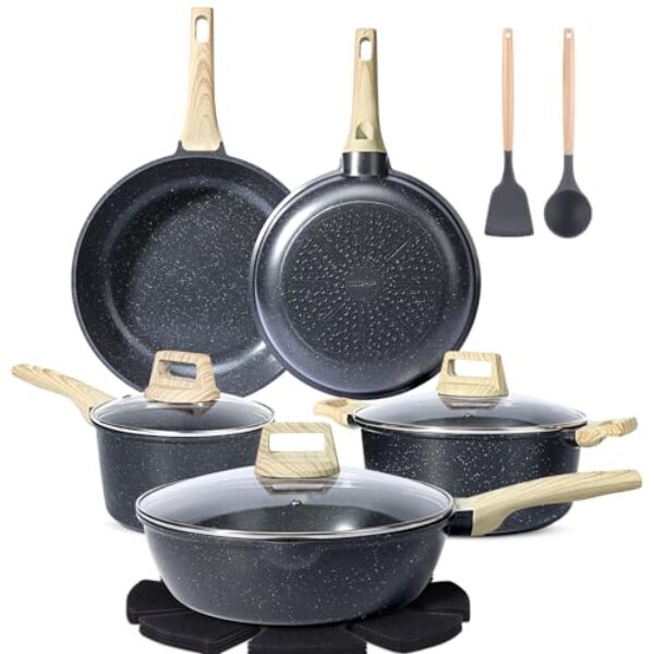 GiPP Topfset 14-Teiliges, Granit Topf und Pfannenset mit Antihaftbeschichtung, 20+24+28cm Pfannen, 16+24cm Kochtopfset, Topfset Induktion Cookware Set mit Spatel+Löffel, für alle Herdarten