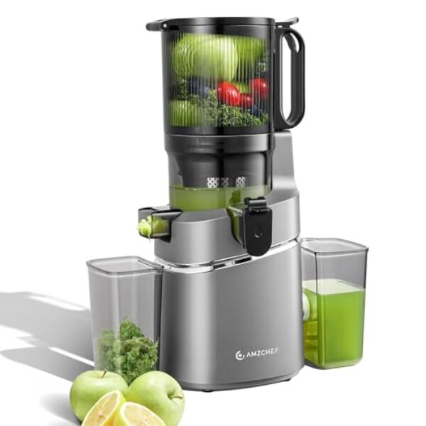 AMZCHEF 250W Automatischer All-In-One Entsafter, 145MM Öffnung und 1,8L Slow Juicer für Gemüse und Obst, Entsafter Slow Juicer Testsieger mit Dreifachem Filter – Grau