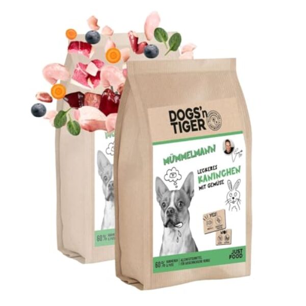 Dogs’n Tiger Mümmelmann, Adult Premium Trockenfutter für Hunde, Kaninchen & Pute mit Gemüse, 60% Fleischanteil, Mit Omega-Öle, Ohne Zucker, Getreide & Konservierungsstoffe, hoher Proteingehalt, 2x 2kg