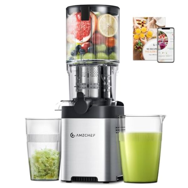 AMZCHEF Entsafter – Slow Juicer mit 135MM Breite und Größere Fütterungsröhre für Ganze Gemüse und Obst – Leicht zu Reinigender Entsafter mit 2 Gläsern – Silber