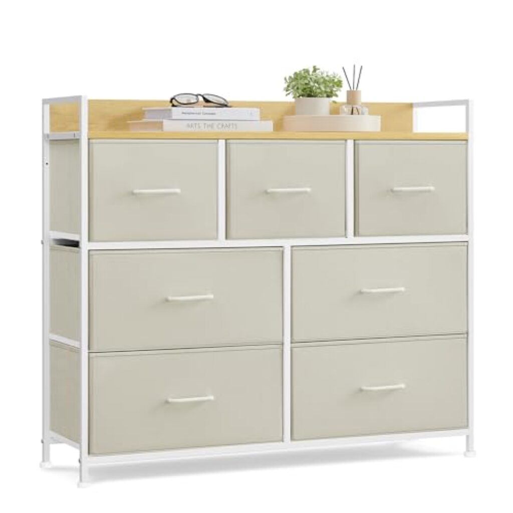 SONGMICS Kommode, Schrank, 7 Stoffschubladen mit Griffen, Metallgestell, Industrie-Design, cremeweiß-wolkenweiß LTS523W01