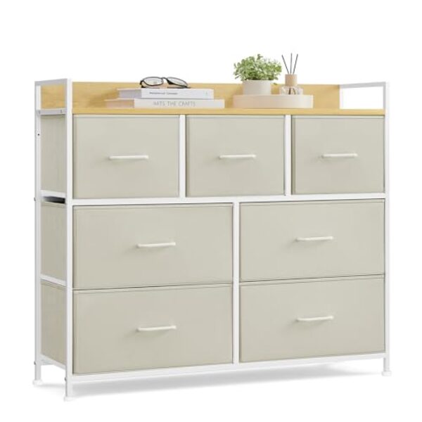 SONGMICS Kommode, Schrank, 7 Stoffschubladen mit Griffen, Metallgestell, Industrie-Design, cremeweiß-wolkenweiß LTS523W01