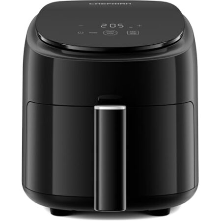 Chefman 2L Mini-Heissluftfritteuse – Kompakter und platzsparender Airfryer, Antihaftkorb, Zubereitung von Mahlzeiten in wenigen Minuten, digitale Zeitschaltuhr und Schüttelanzeige – Schwarz