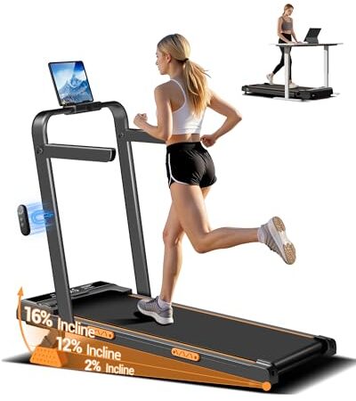 LONTEK Walking Pad Klappbar mit Steigung 10KM/H, 16% Laufband für Zuhause Klappbar mit Steigung, LED Anzeige, Fernbedienun, Laufbänder mit Handläufen, 3.0HP Treadmill for Home, Belastung 136KG