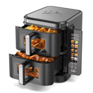 COBNN Heißluftfritteuse 2 Kammern übereinander, 11L Airfryer Doppelkammer mit Sichtfenster und Faltbarem Touchscreen, 10-in-1, V0-flammhemmendes Material, 2800W