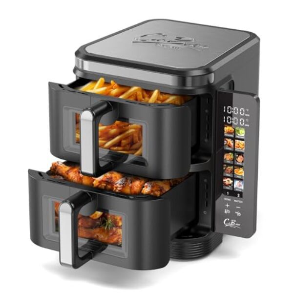 COBNN Heißluftfritteuse 2 Kammern übereinander, 11L Airfryer Doppelkammer mit Sichtfenster und Faltbarem Touchscreen, 10-in-1, V0-flammhemmendes Material, 2800W