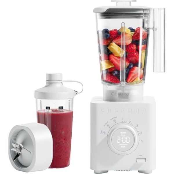 Chefman Obliterator 1.2L Standmixer für Smoothies, 1350W Motor zum Zerkleinern von Eis, Nüssen und gefrorenen Früchten mit Edelstahlklinge, Auto Blend Funktion, inkl. 600ml Reisebehälter – Betongrau