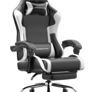 Dowinx Gaming Stuhl Bürostuhl Massage Gaming Sessel mit höhenverstellbaren Linkage-Armlehnen, ergonomischer Gamer Stuhl mit Fußstütze, gepolstert Gaming Chair 150° neigbar bis 180 kg, Weiß