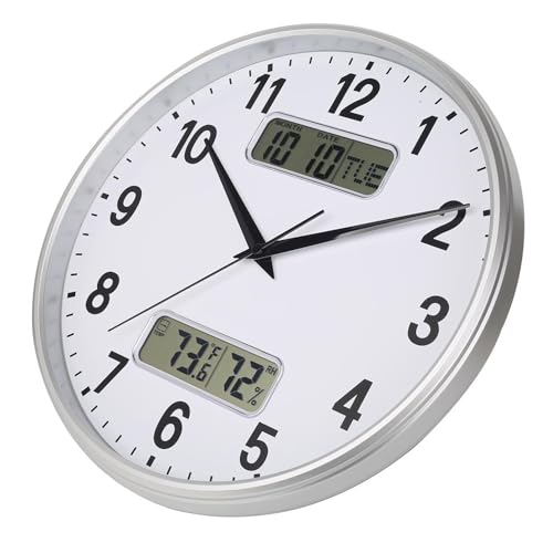 HZDHCLH 33cm Funkuhr Digitale, Anzeige von Temperatur, Luftfeuchtigkeit, Kalender, Modernes Design, Geeignet Für Zuhause, Büro, Schule(Weißsilber) – Bild 4