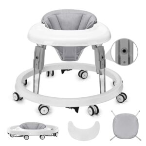 Baby Lauflernhilfe, Anti-Collision Design One-Touch Folding Baby Walker, Anti-Roll 8-Rad-Rundfahrwerk, 7-Gang höhenverstellbar, mit großem Essteller und Bremse von 6-18M (Grau)