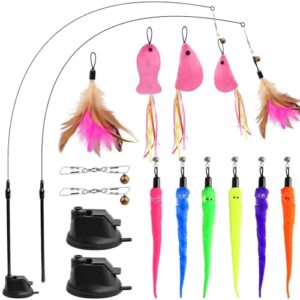 Interaktives Katzenspielzeug Angel mit Feder- Intelligenz Spielzeug für Katzen Federspielzeug Mit Saugnapf für Kitten SelbstbeschäFtigung (13 STK Feder/Maus/Fisch)