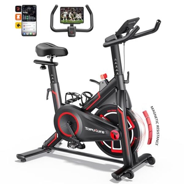 Toputure Heimtrainer Fahrrad Ergometer mit APP, Leises Hometrainer 15KG Schwungrad, 0-100% Magnetwiderstand, Bis 150KG, Exercise Bike Indoor mit Tablet-Halter, Getränkehalter