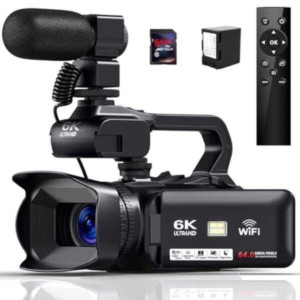 Delmodes Videokamera 6K 64MP Camcorder 18X Digital Zoom Vlogging Camera for YouTube, 4.0″ Touch Screen HD WiFi Videokamera mit 4500mAh Battery, 64G SD-Karte, Stabilizer, Microphone and Remote