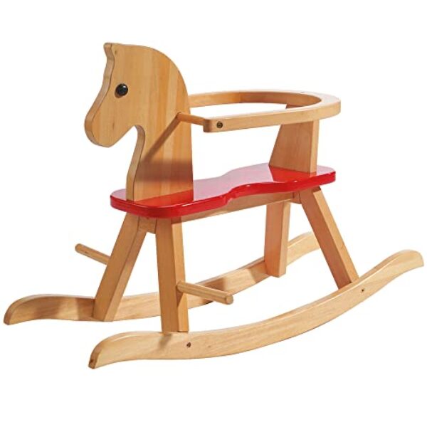 roba Schaukelpferd, Schaukeltier Massivholz natur rot, Schaukelstuhl mitwachsend für Babys und Kleinkinder durch abnehmbaren Schutzring, (1er Pack)
