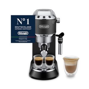 De’Longhi Dedica Style – Perfetto Kompakte Siebträgermaschine Espressomaschine mit Tasten, manuellem Milchaufschäumer für Espresso und Cappuccino, ESE Pad geeignet, 15cm breit, Schwarz (EC685.BK)