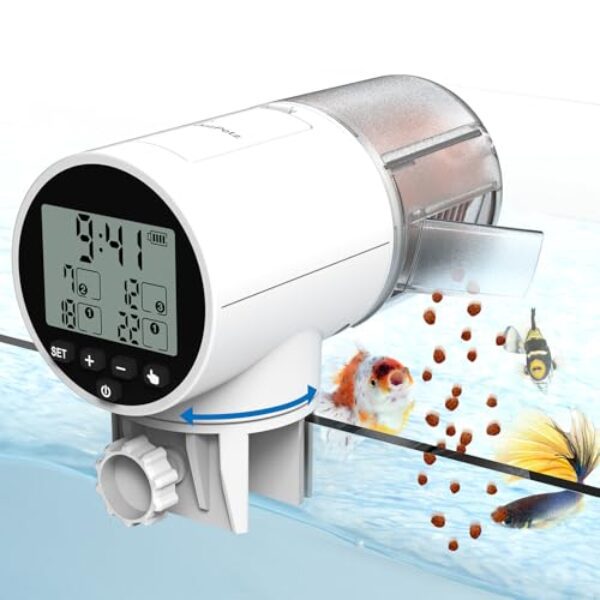 JuzPetz – Automatischer Futterautomat für Fische | Digitales Display und Programmierbare Einstellungen | Automatischer Aquarium-Futterautomat | Aquarium-Zubehör | Weiß
