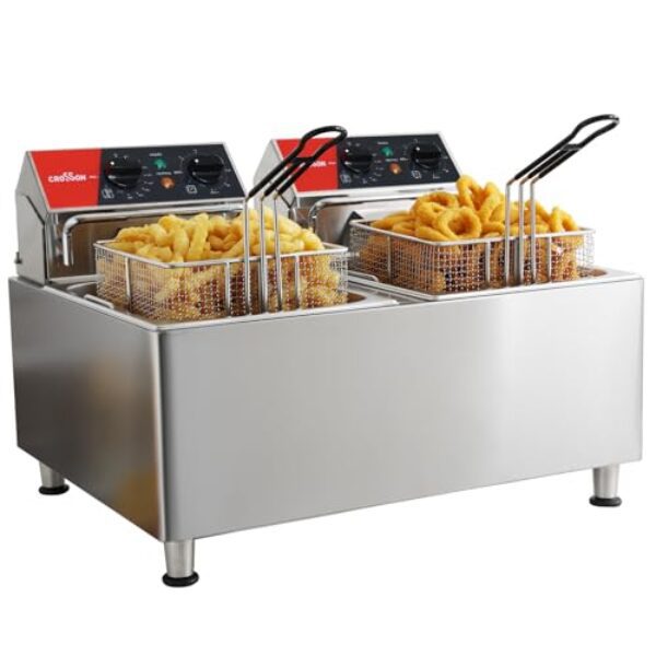 CROSSON 16L Elektrische Fritteuse mit doppeltem Tank und rotierendem Fritteusenkopf, 30-Minuten-Timer, EGO-Thermostat, Aufsatzfritteuse für den gewerblichen Gebrauch