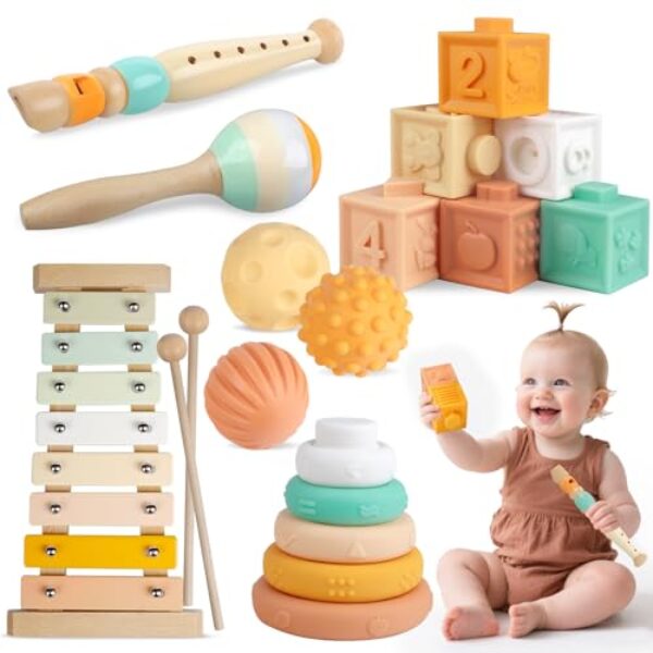 Meytccve Baby-Spielzeug Montessori Spielzeug, Holzspielzeug Musikinstrumente Stapelbauklötze,Xylophon, Geburtstagsgeschenk für Kleinkinder