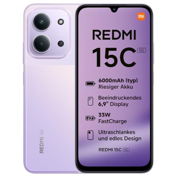 Xiaomi REDMI 15C 5G, Smartphone 4+256GB, 6,9″ 120Hz Display, MediaTek Dimensity 6300 Prozessor 6nm Octa-Core, 50MP KI-Dualkamera, 6000mAh, Dämmerungslila