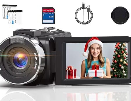 Videokamera 4K Camcorder HD 80MP IR-Nachtsicht Vlogging Kamera für YouTube, Webcam Camera mit 18-Facher Digitalzoom, 3.0’’ 270° Drehung IPS Bildschirm 30FPS Videokamera mit 32GB...