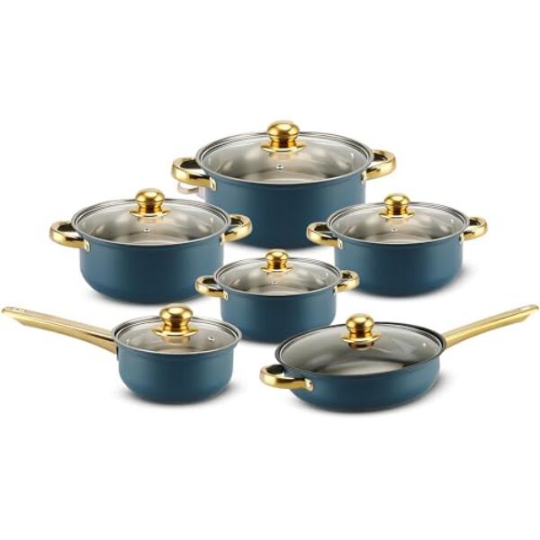 Retoo Topf und Pfannenset Induktion 12-teilig Kochtopf Set mit Glasdeckel, Topfset mit Kühlbleibendem Griff, Spülmaschinengeeignet, Durchmesser 16/18/20/24 cm