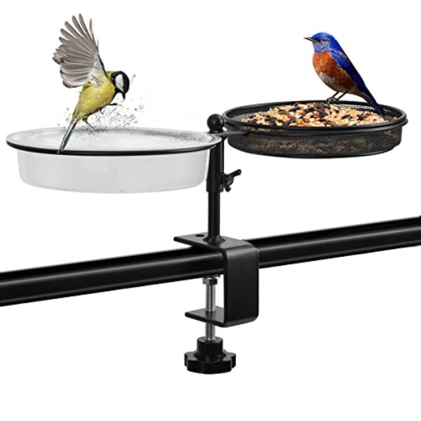 JUJOYBD 2-in-1 Vogeltränke und Futterstation mit Klemmhalterung für Balkongeländer, hängend Vogelfutterspender Vogelbad/Wassertränke Futterplatz für Vögel im Garten oder Balkon