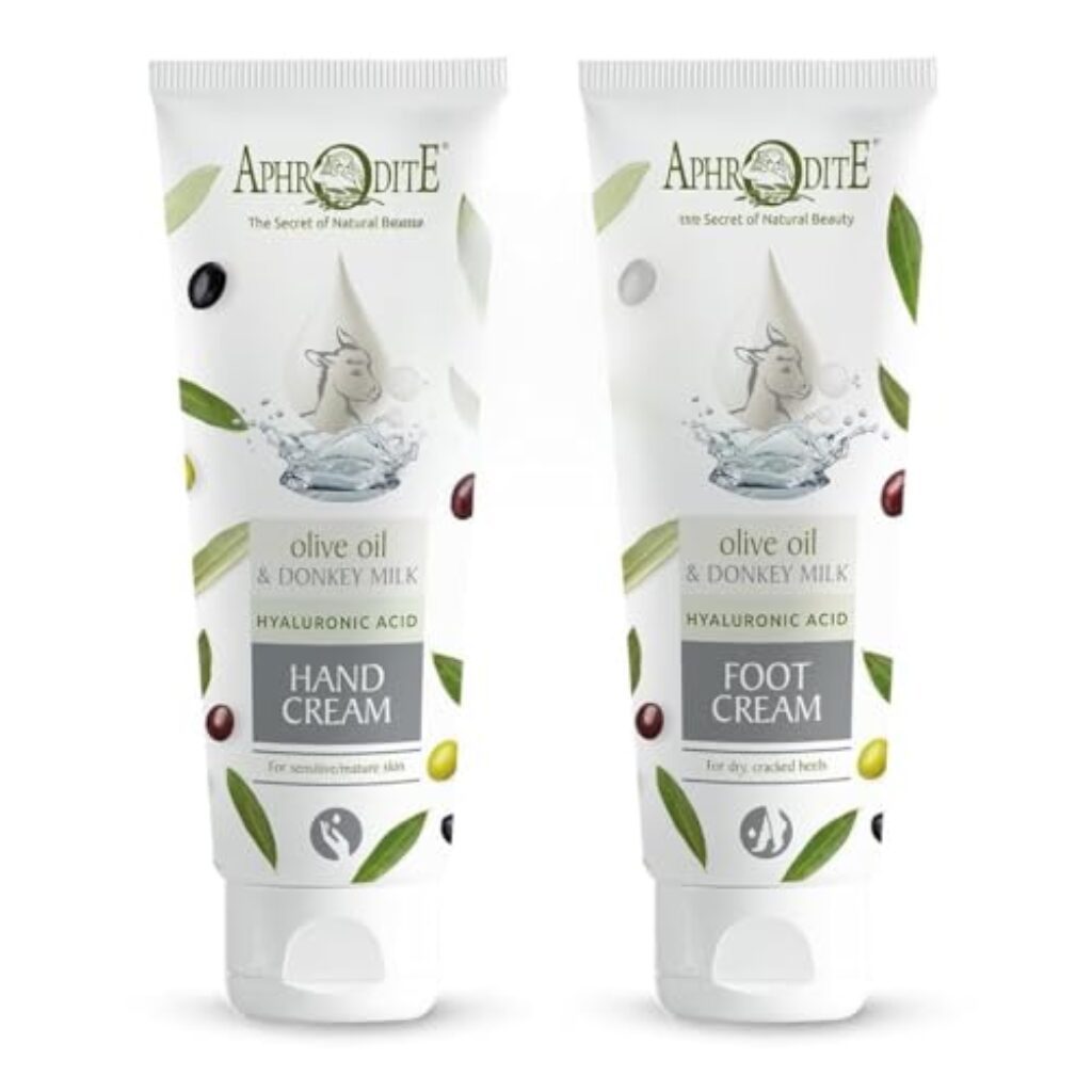 Aphrodite Jugendelixier Handcreme & Fußcreme – Körperlotion Set mit Feuchtigkeitscreme trocken Haut – Handpflege, Fußpflege Crème- Hand-creme Geschenkset (Fusscreme 100 ml, Handcreme 100 ml)