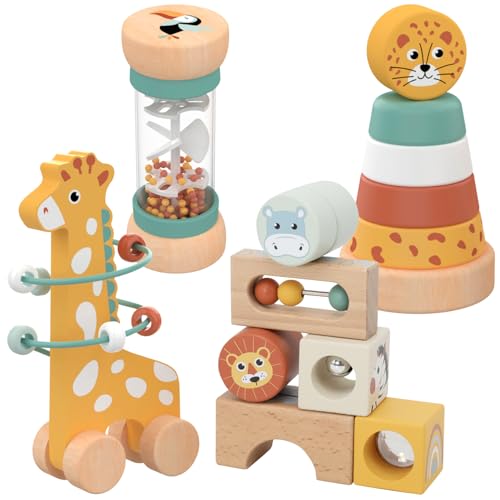 Nene Toys Spielzeug ab 1 Jahr – Montessori Baby Holzspielzeug 4-in-1 Set mit Klangbausteinen, Regenmacher, Stapelturm & Giraffe-Labyrinth – Holzbausteine Motorikspielzeug – Geschenk Junge Mädchen