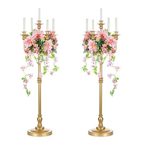 Sziqiqi 124cm Gold Kerzenständer Metall 2er Set, Moderne Kerzenleuchter 5-armig Candle Holder Tischdeko für Hochzeit Weihnachten und Erntedankfest