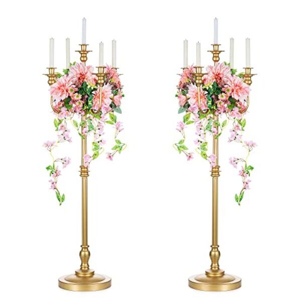 Sziqiqi 124cm Gold Kerzenständer Metall 2er Set, Moderne Kerzenleuchter 5-armig Candle Holder Tischdeko für Hochzeit Weihnachten und Erntedankfest