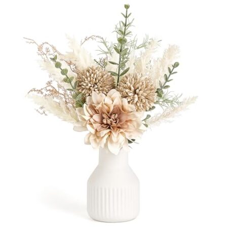 Mkono kleine künstliche Blumen in Keramik Vase 13.5" Mittelstücke Couchtisch Dekor, Seide Blume Bouquet Arrangements für Home Decor, Innen, Esszimmer, Küche, Hochzeit, Braun - P...