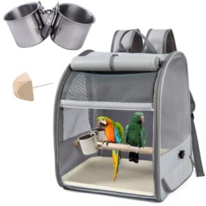 Transportbehälter für Vögel,Rucksack für Vögel mit Holzstab,Vogel transportbox,mit Edelstahl-Clip-Cups,tragbare Vogelträger Reisetasche,1 Backenzahnstein,1 Kunststoffpalette