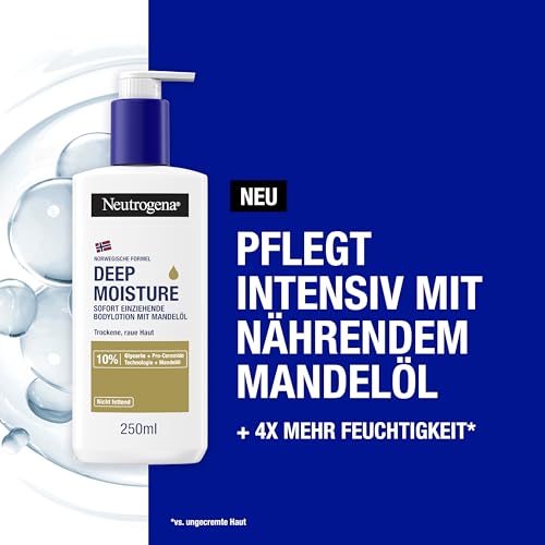 Neutrogena Deep Moisture Bodylotion mit Mandelöl, sofort einziehende Körperlotion für 72h intensive Feuchtigkeit, nicht fettende Hautpflege Lotion mit Pro-Ceramide Technologie für trockene Haut 250 ml – Bild 3