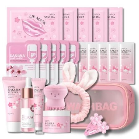 Umfangreiches 24pcs Sakura Skincare Set Geschenk für Frauen - Feuchtigkeitsspendendes Set mit Gesichtsmaske, Serum, Creme, Reinigungsbürste & Haarband - Geschenkset Frauen Geburtstag Pflege Routine