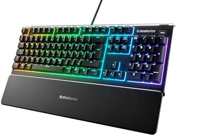 SteelSeries Apex 3 Gaming Tastatur – 10-Zonen RGB-Beleuchtung – Flüsterleise Gaming-Switches – Premium magnetische Handballenauflage – IP32 wassergeschützt – Deutsches (QWERTZ) Layout