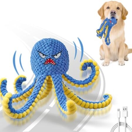 Qraxond Interaktives Hundespielzeug, Oktopus, langlebiges, automatisches Spring-Hundespielzeug, um sie beschäftigt zu halten, quietschendes, bewegliches Tauziehen, Hundespielzeug, wiederaufladbar über