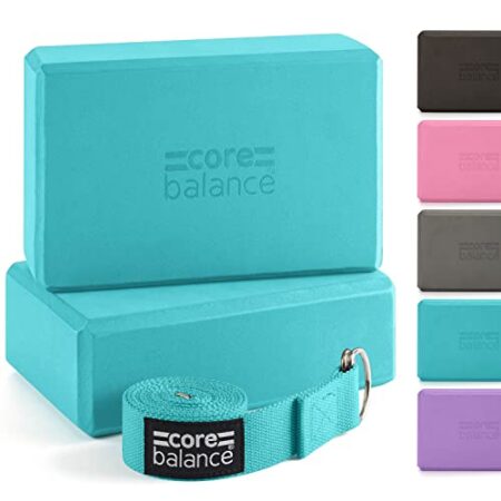 Core Balance Yoga Blocks im Doppelpack & GRATIS Yoga-Gurt, 2 STK. Eva Schaumstoff-Blöcke, robust & leicht, Riemen aus Baumwolle mit innovativem D-Ring Verschluss, ideal für Pila...