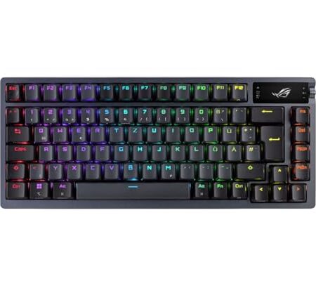 ASUS ROG Azoth kabellose mechanische Gaming Tastatur (75% Formfaktor, ROG NX-Switches, PBT-Doubleshot-Tastenkappen, OLED-Display, Bluetooth, 2,4-GHz-RF Wireless, USB, DE QWERTZ-Layout) schwarz