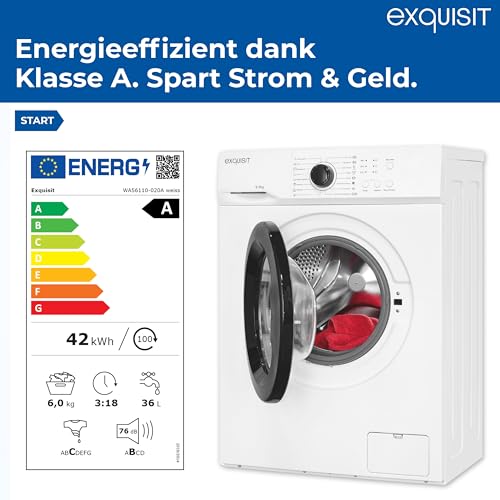 Exquisit Waschmaschine, 6 kg Fassungsvermögen, energieeffizienter Betrieb, 16 Programme, einfache Bedienung, kompakte Bauweise, WA56110-020A weiss – Bild 3
